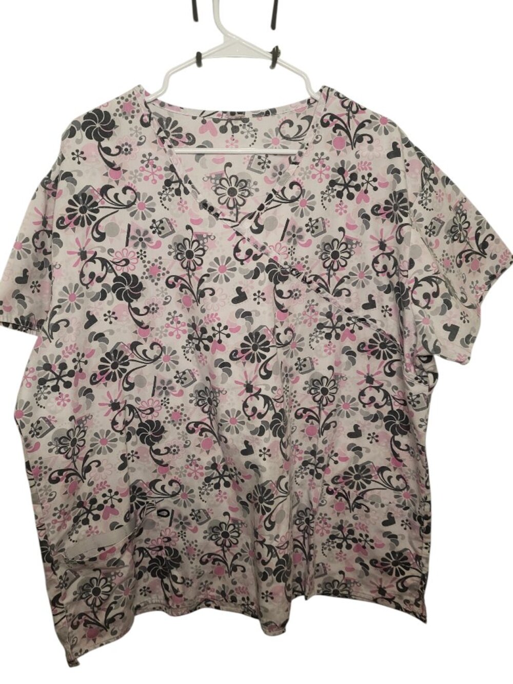Just Love Mock Wrap Scrub Pink Flower Floral Heart Top
